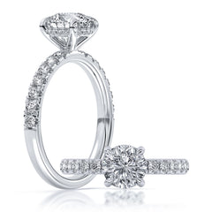 14K White Gold 100-Facet Round Diamond Engagement Ring with Hidden Halo and Diamond Accents