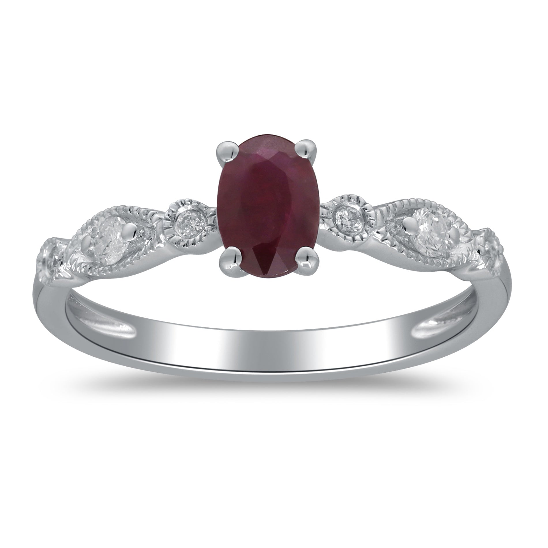 10K White Gold Oval Ruby Ring with Diamond Accents