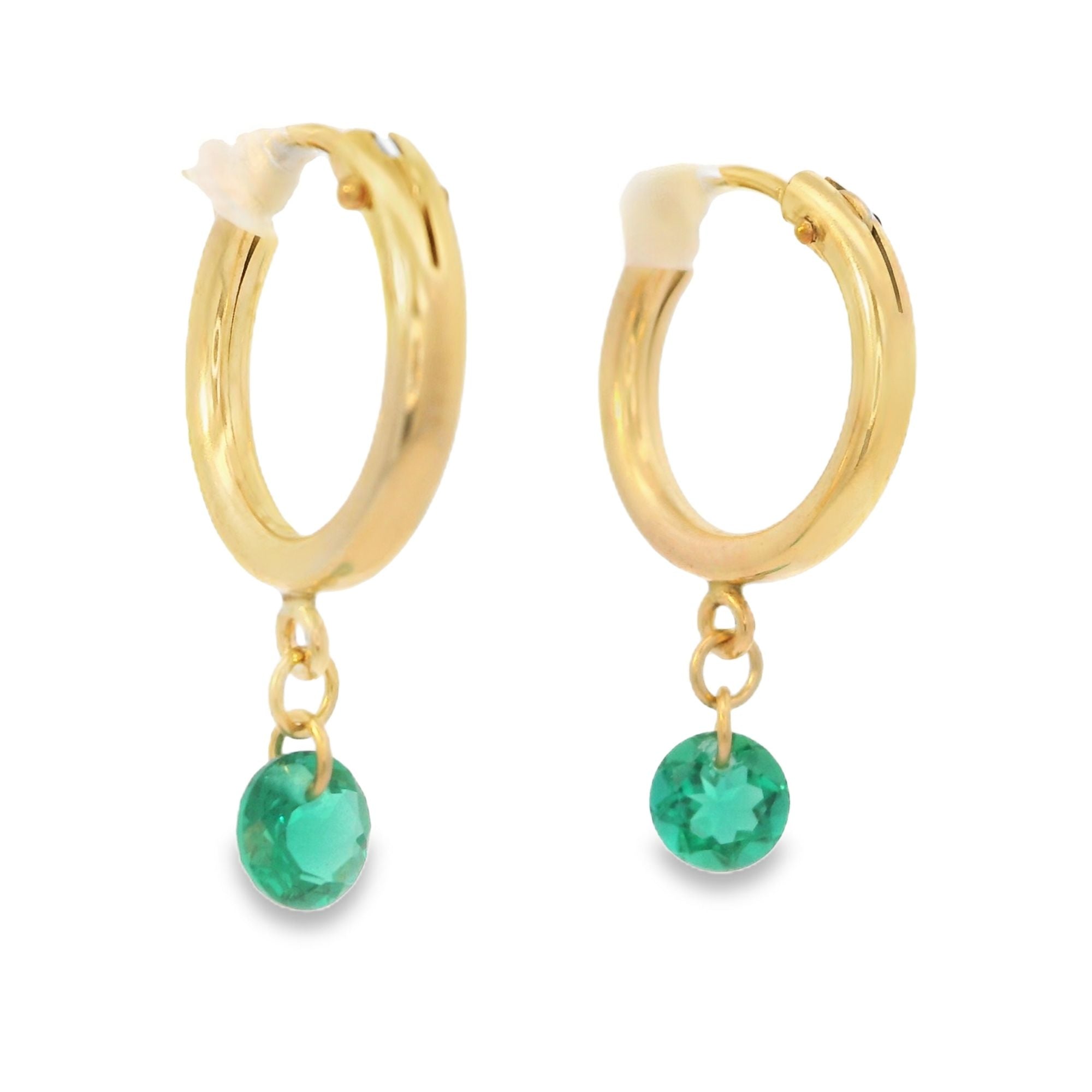 Gf Small Chunky Hoops W/Lab Created Emerald Gemstone Drop