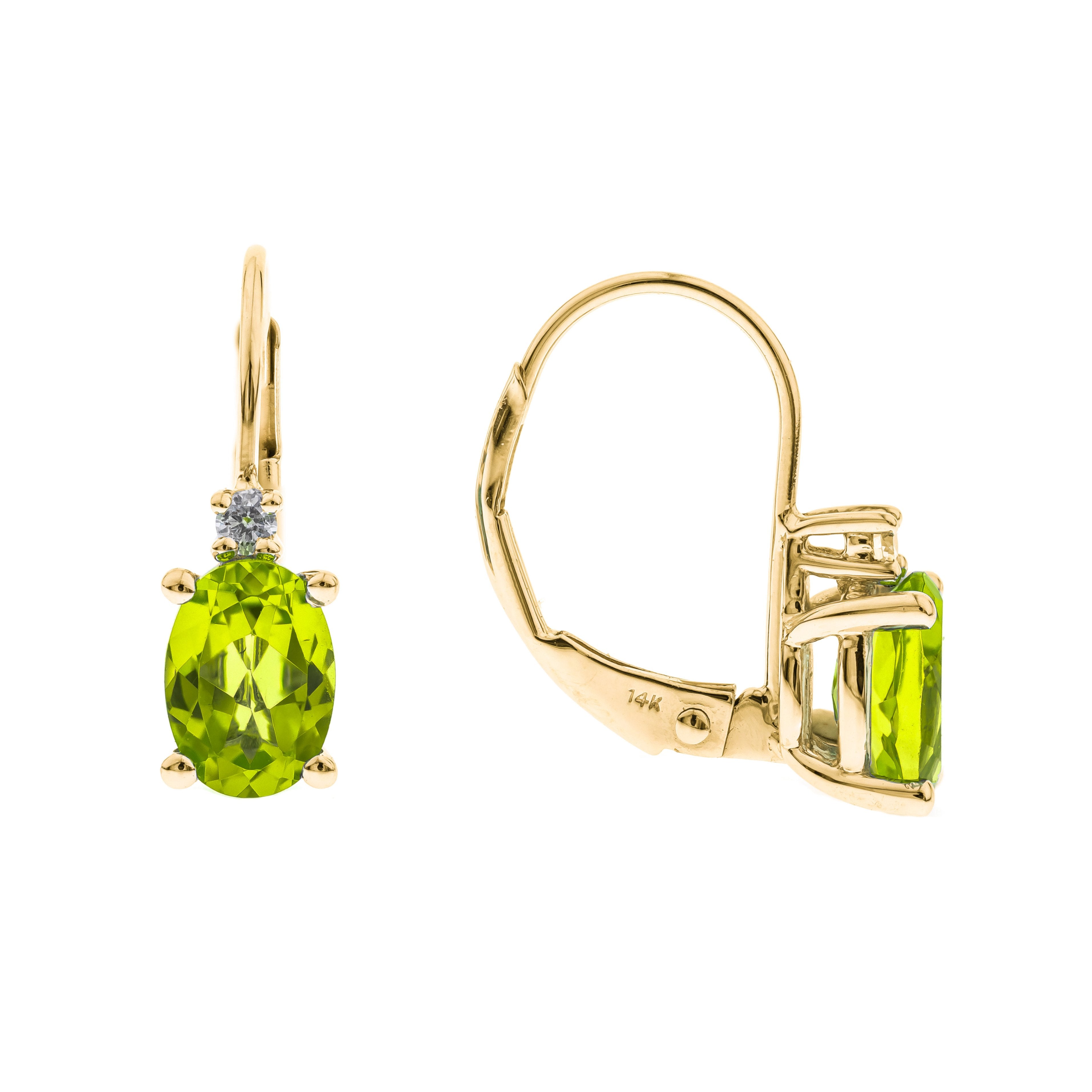 10K Yellow Gold Peridot Leverback Earrings with Diamond Accent