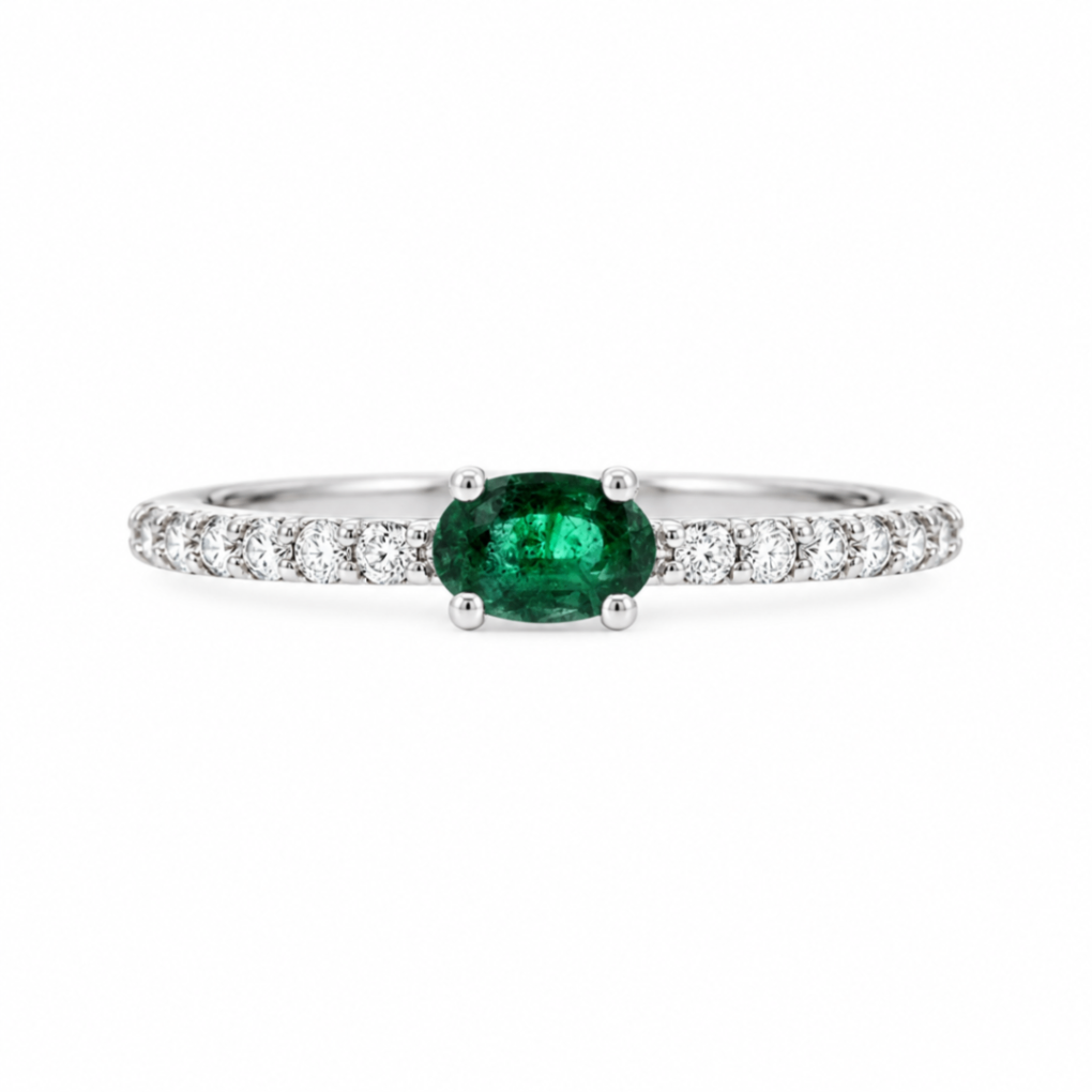 14K White Gold Emerald & Diamond Ring