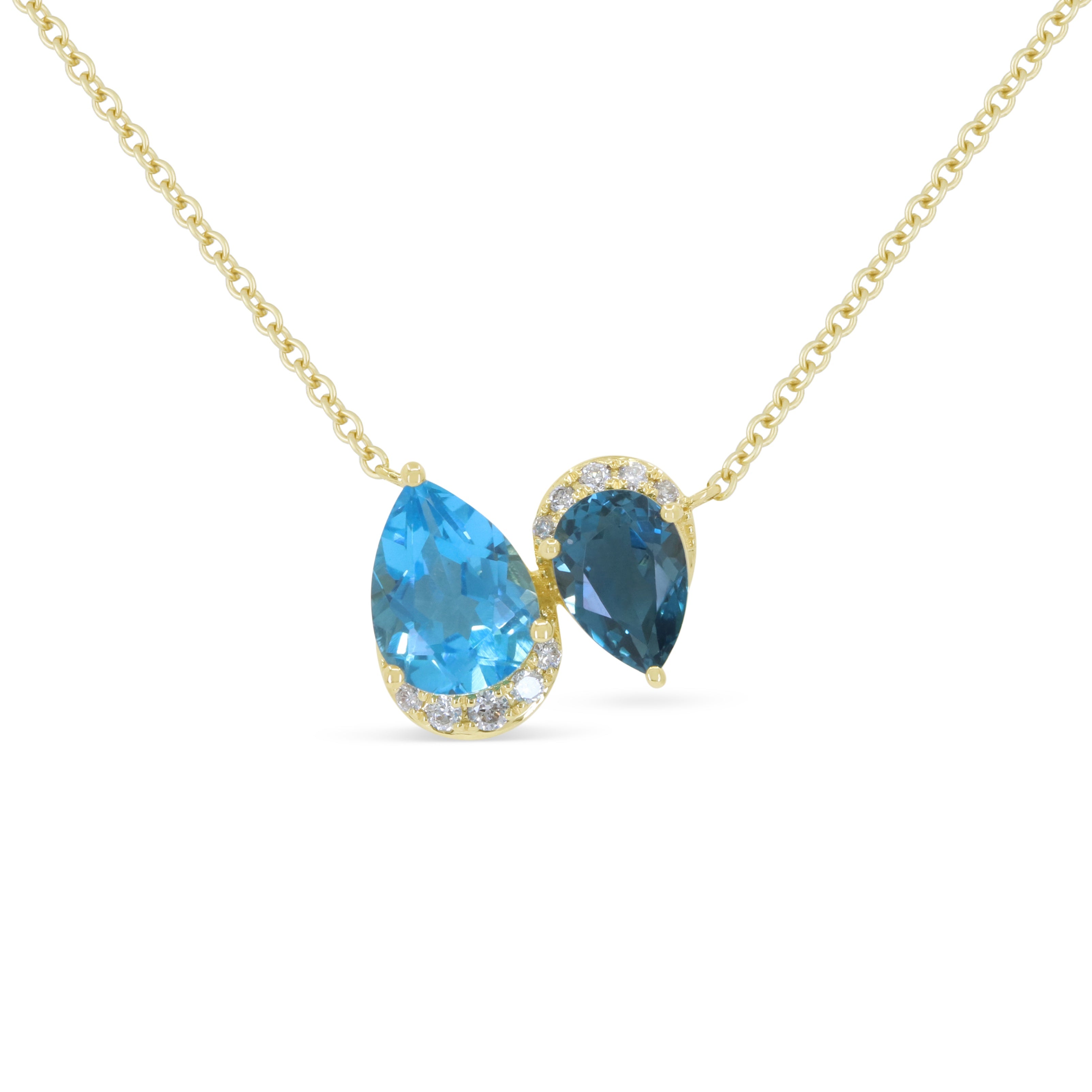 14K YG BLUE & LB TOPAZ/DIA TEARDROP PENDANT NECKLACE