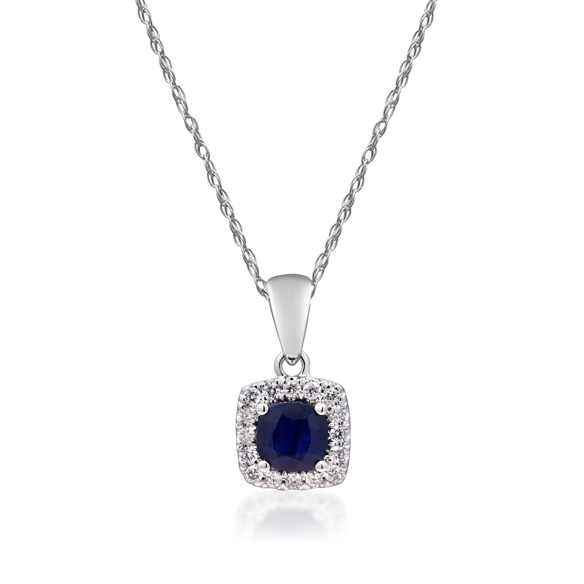 10K White Gold Sapphire and Diamond Halo Pendant