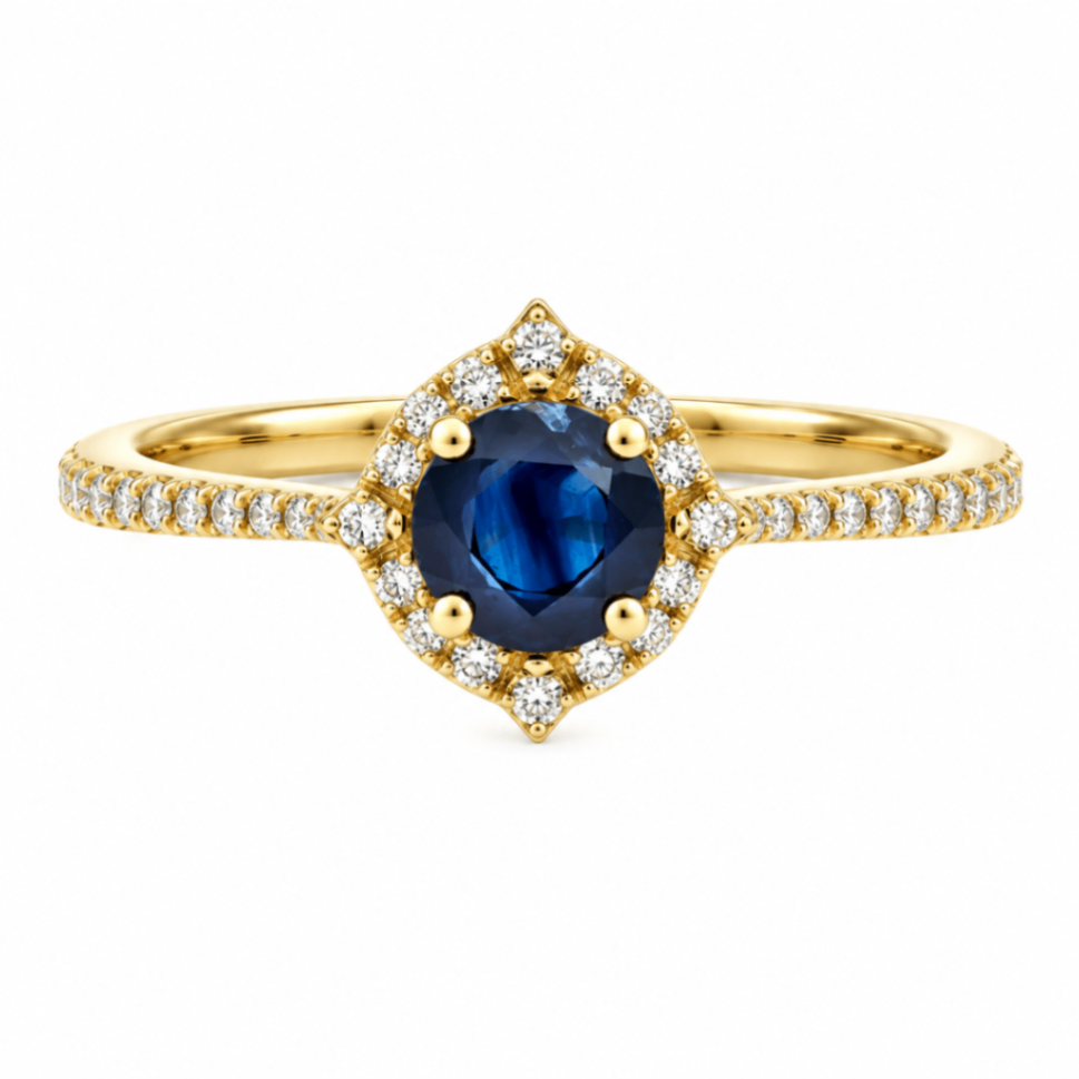 10K Yellow Gold Round Sapphire & Diamond Halo Ring