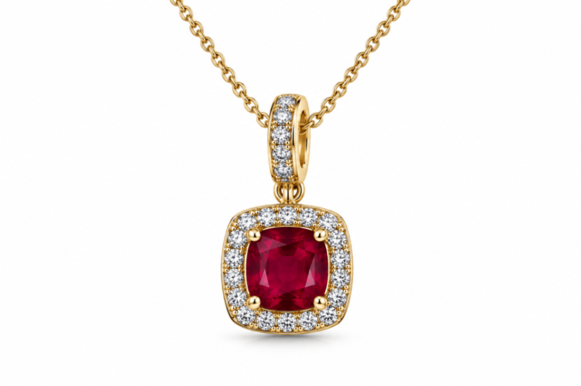 14kr Round Ruby With Diamond Halo Pendant
