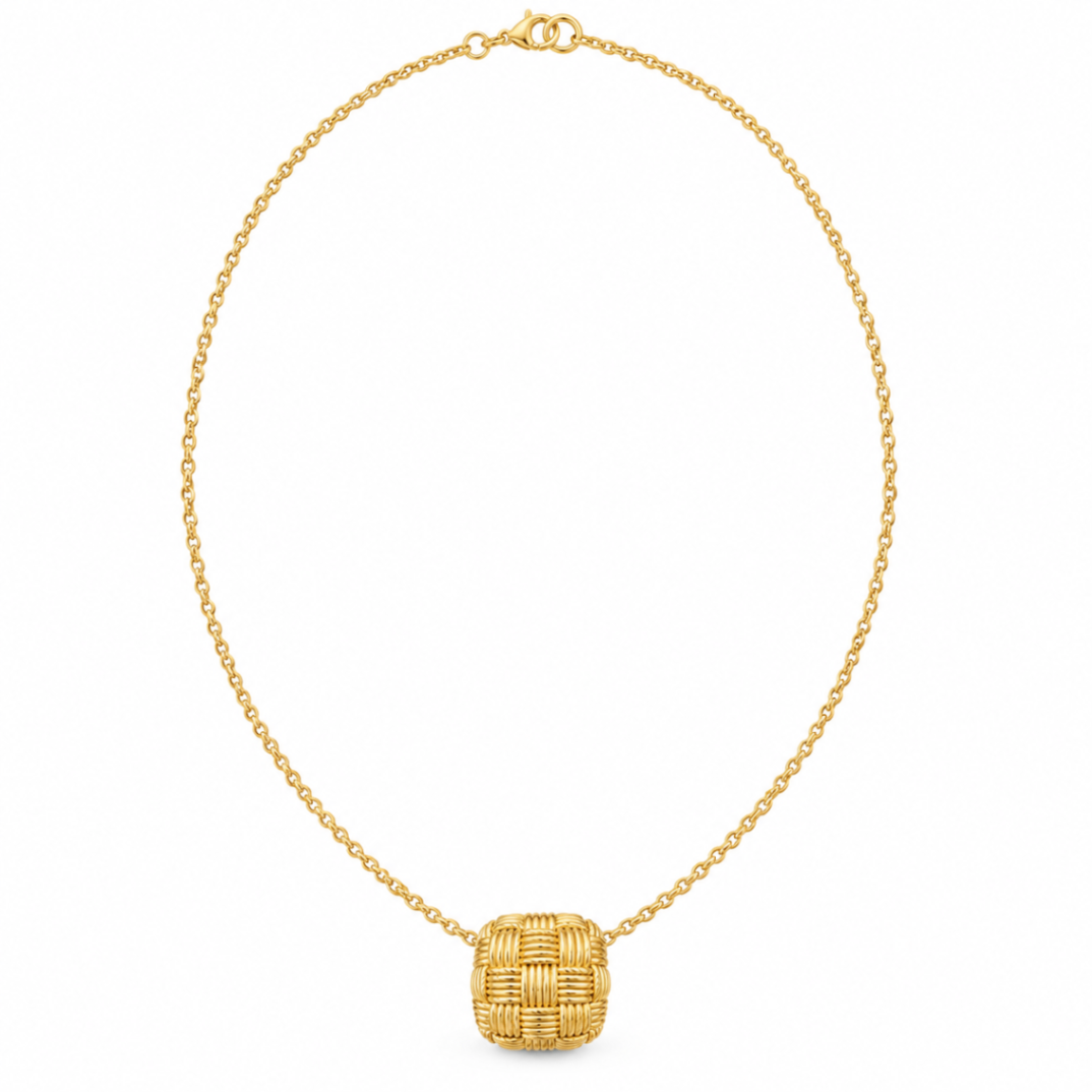 14K Yellow Gold Cushion Basketweave Pendant Necklace