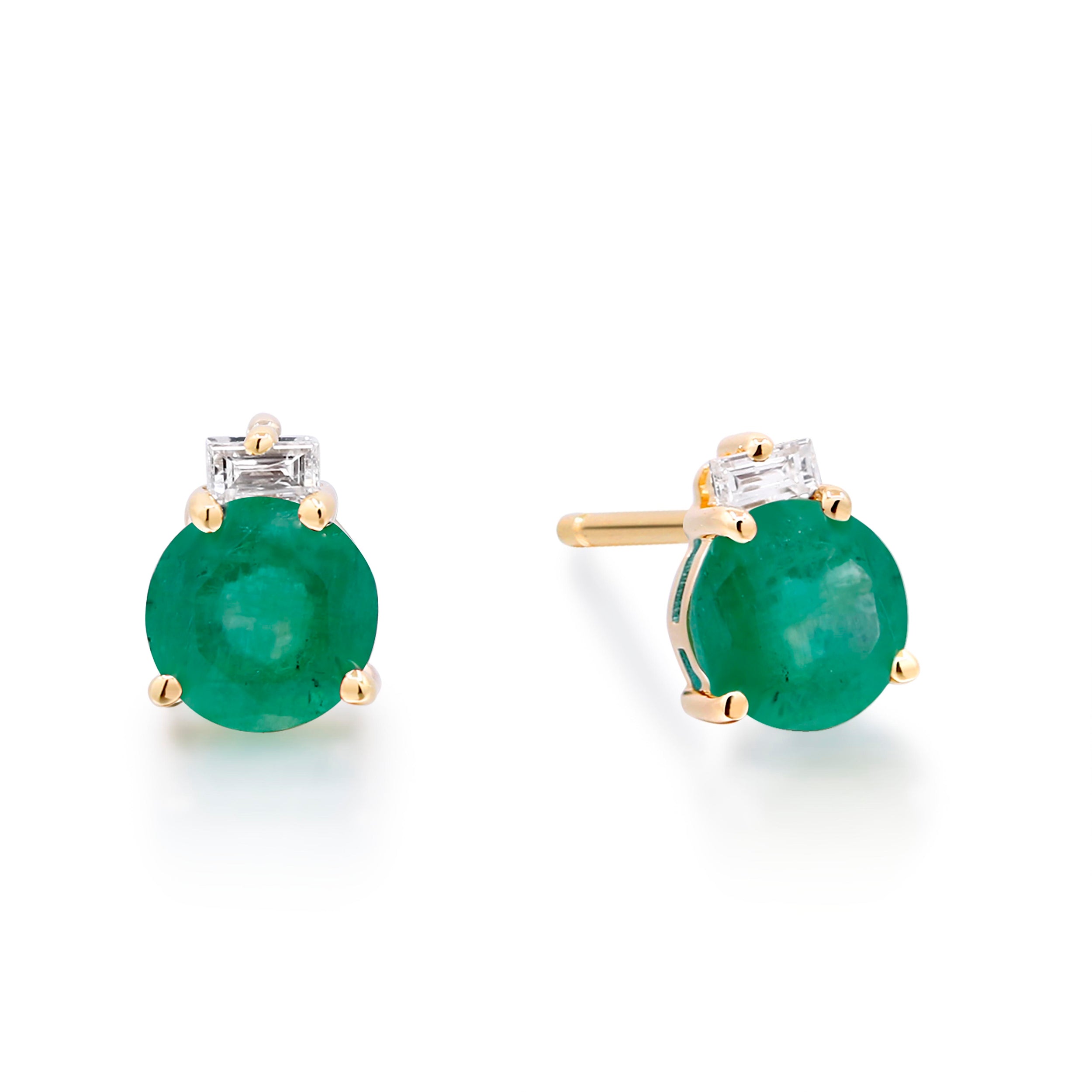 10K Yellow Gold Round Emerald and Diamond Stud Earrings