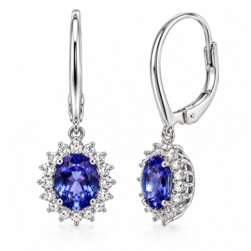 18K White Gold Tanzanite Dangle Earrings With Diamond Accents