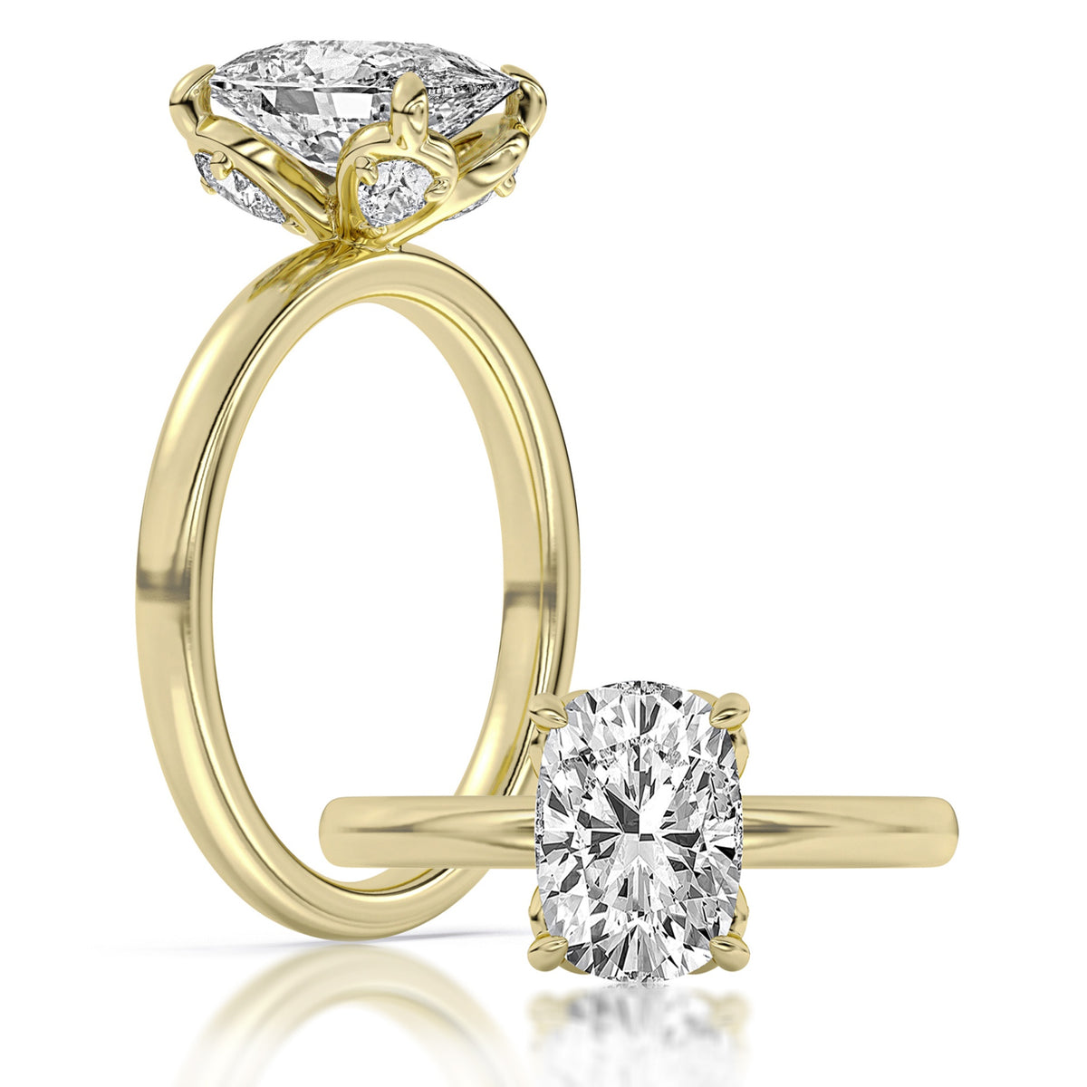 14K Yellow Gold Lab Grown 100-Facet Elongated Cushion Diamond Engagement Ring featuring Diamond Accents