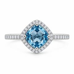 14K White Gold Blue Topaz and Diamond Halo Ring
