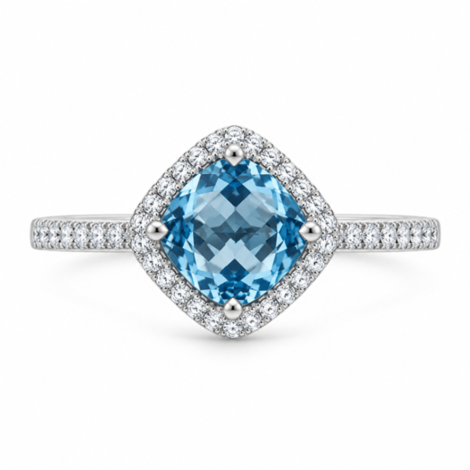 14K White Gold Blue Topaz and Diamond Halo Ring