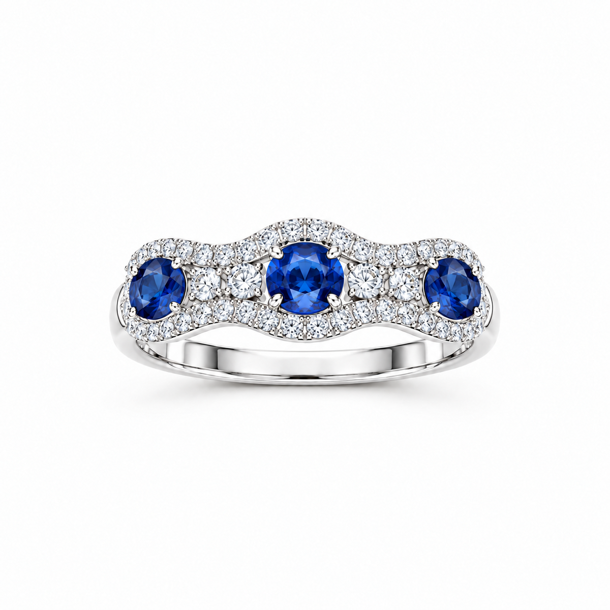 14K White Gold Blue Sapphire & Diamond Wavy Band Ring