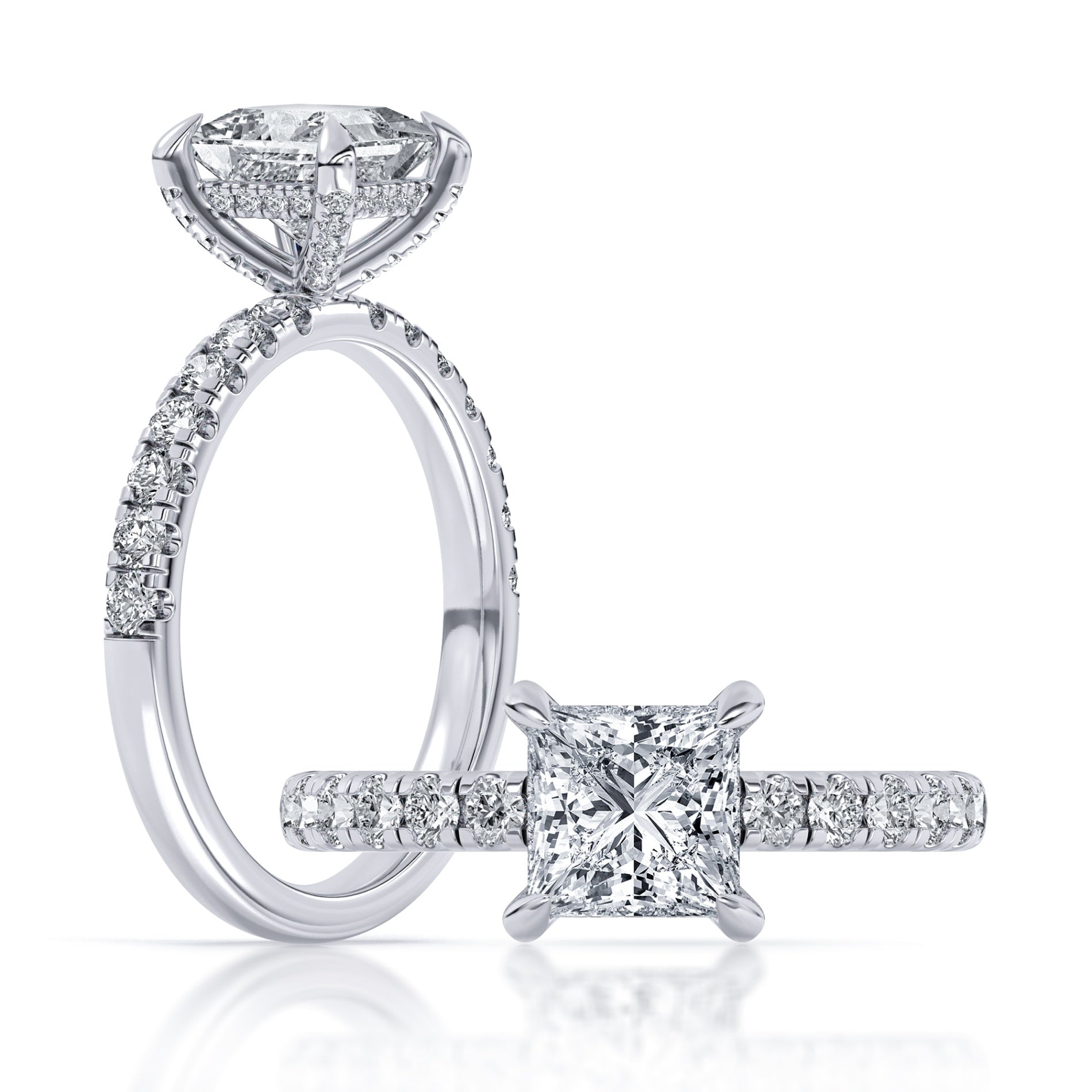 14K White Gold 100-Facet Princess Cut Diamond Engagement Ring with Hidden Halo and Diamond Accents
