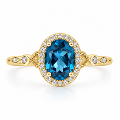 10K Yellow Gold London Blue Topaz Ring with Diamond Halo