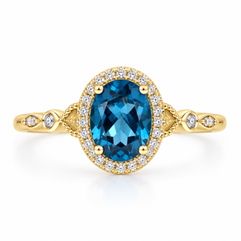 10K Yellow Gold London Blue Topaz Ring with Diamond Halo