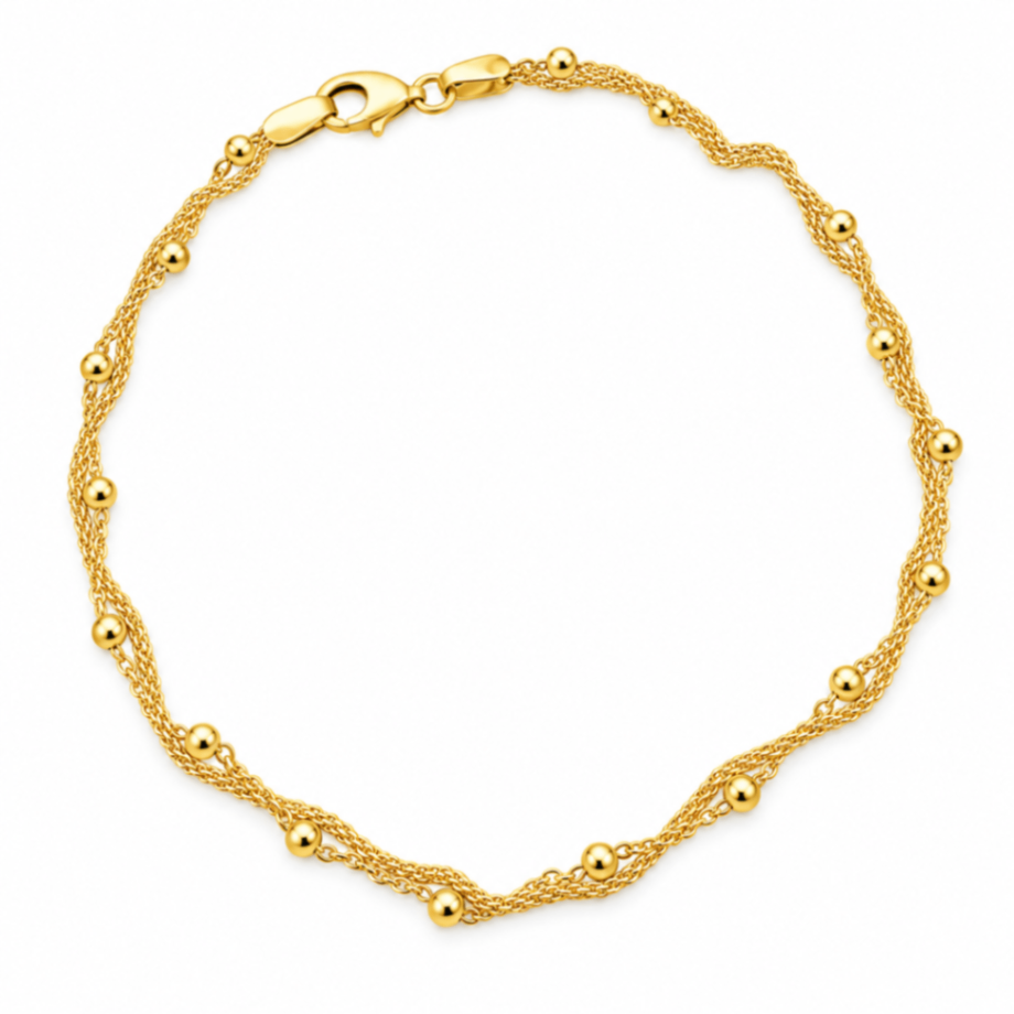 14K Yellow Gold Popcorn Bead Twisted Tin Cup Bracelet