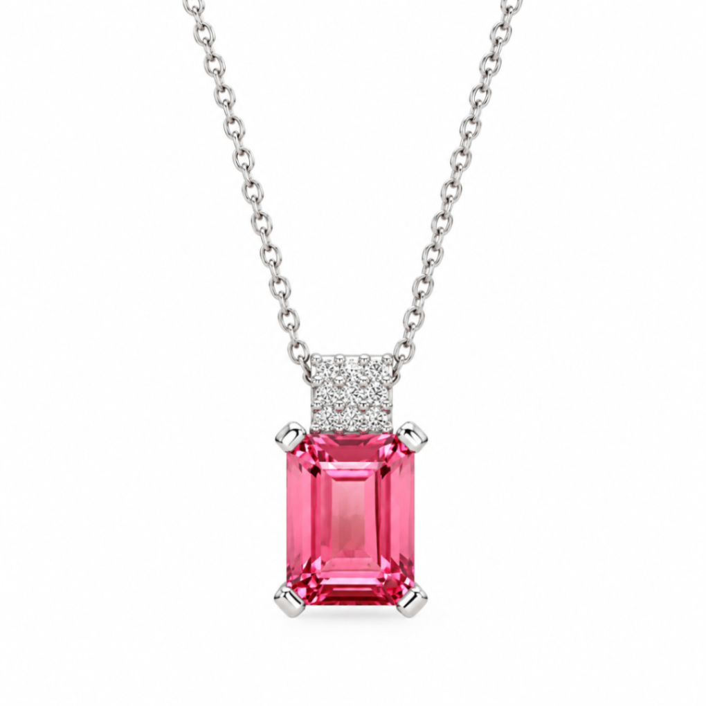 14K White Gold Pink Tourmaline and Diamond Pendant