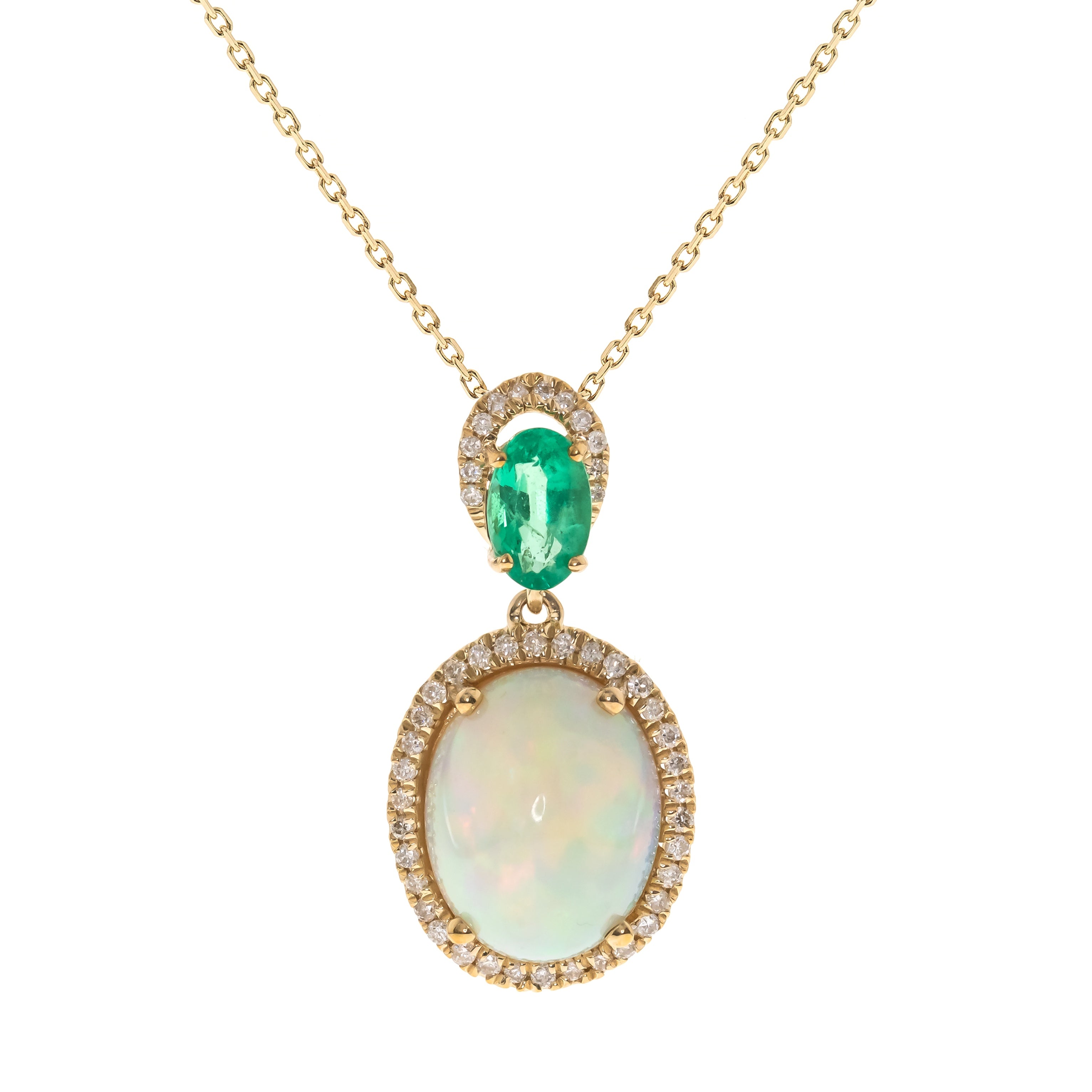 14K Yellow Gold Ethiopian Opal Emerald and Diamond Pendant