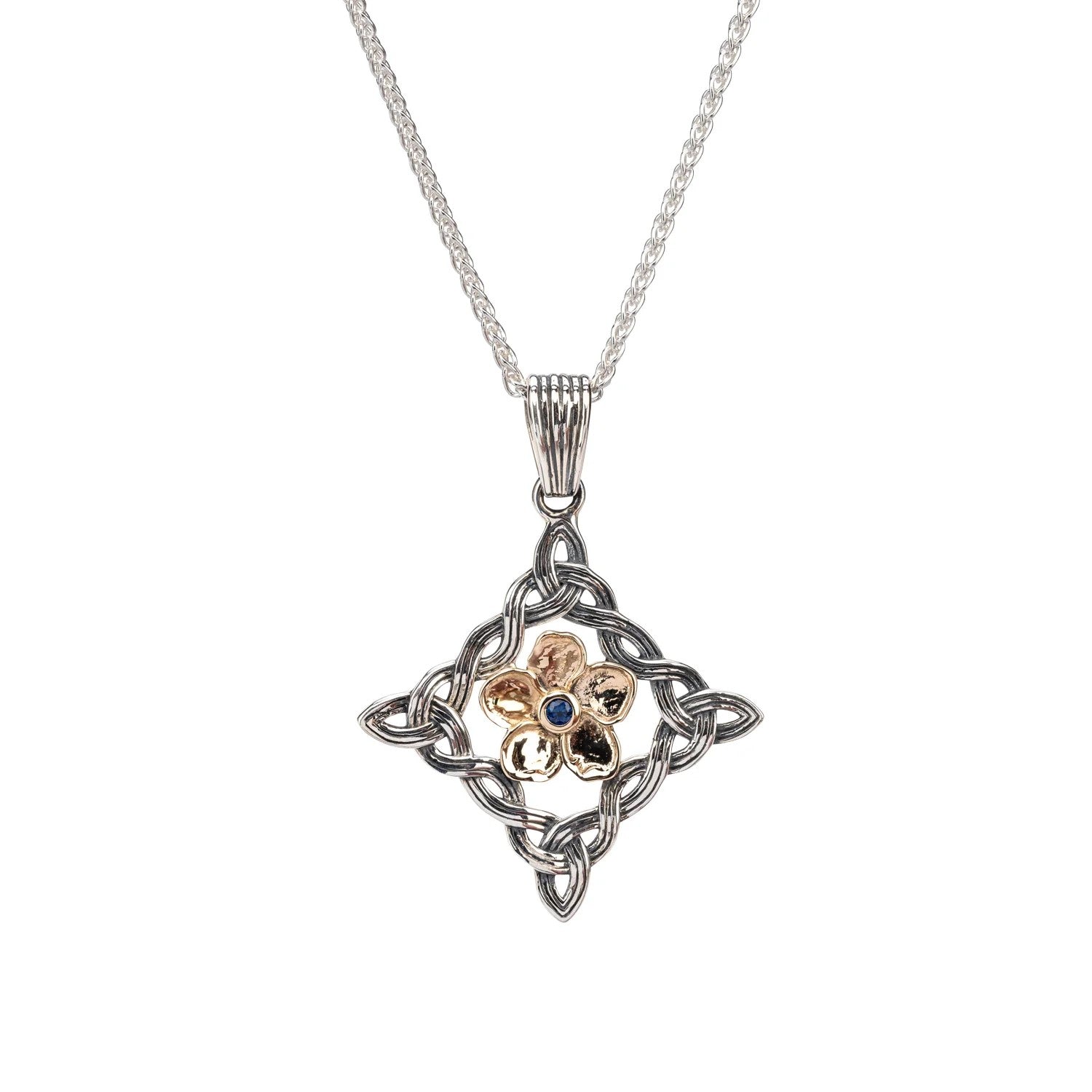 Ss and 10K Syn. Blue Sapph Forget-Me-Not Pendant W/Chain