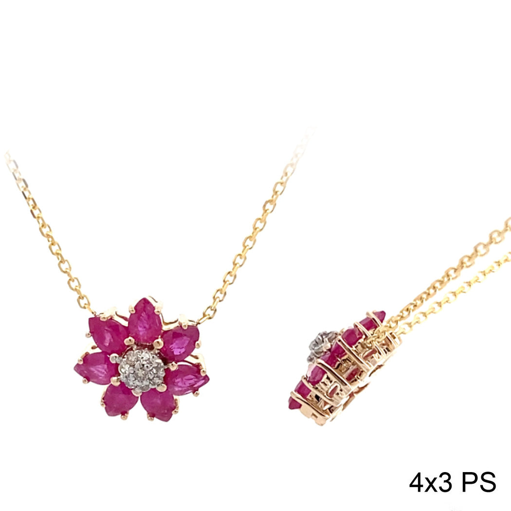 14K Yellow Gold Ruby Floral Pendant With Diamond Accent