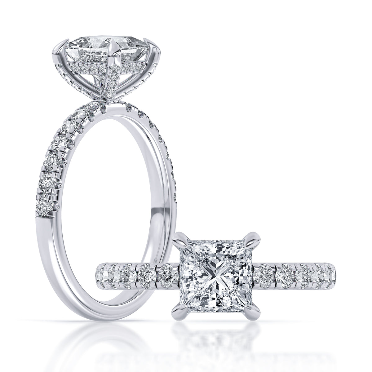 14K White Gold 100-Facet Princess Cut Diamond Engagement Ring with Hidden Halo and Diamond Accents