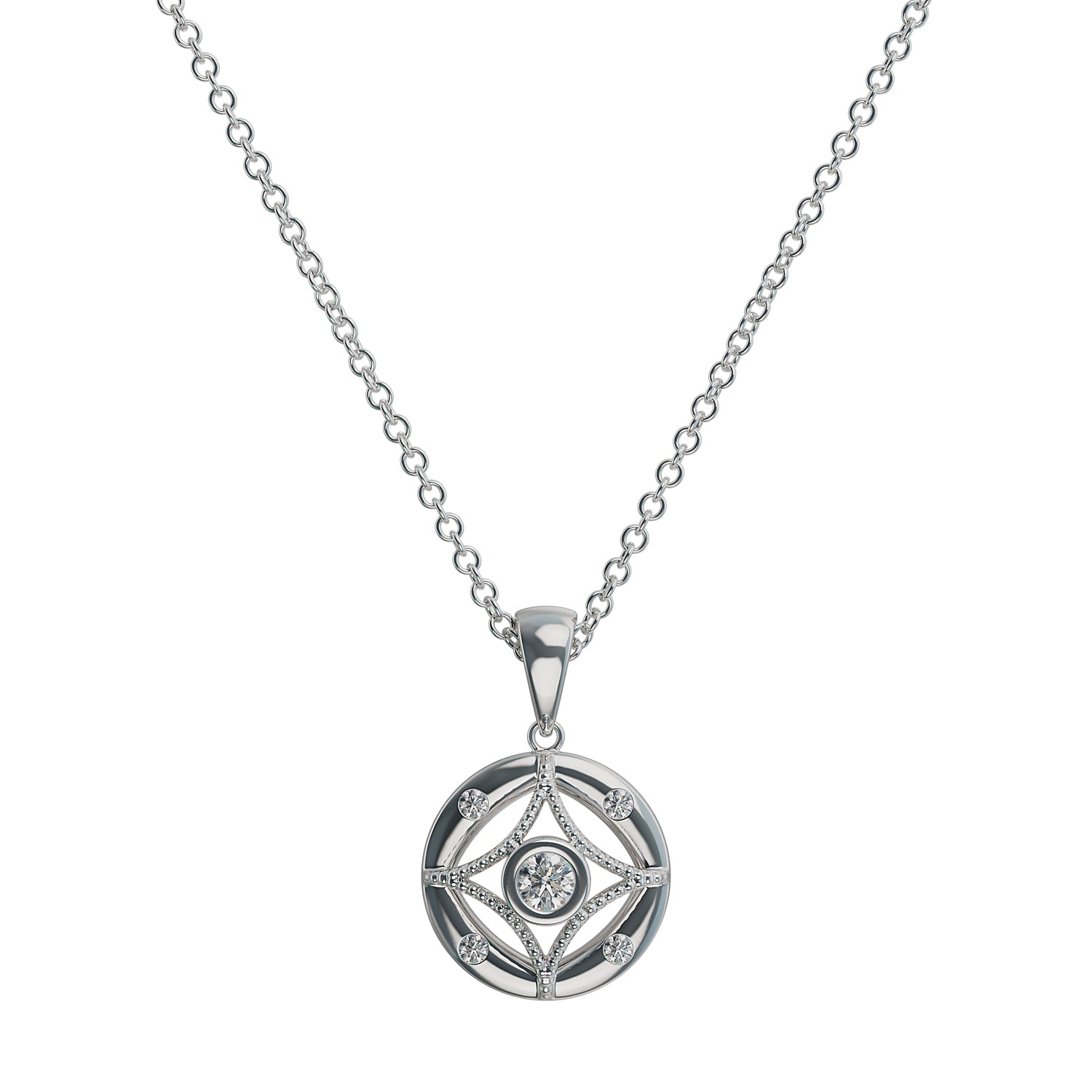 Silver And Lab Grown Diamond Compass Pendant .10Cttw