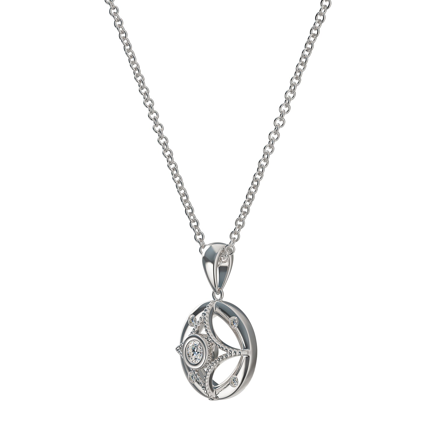 Silver And Lab Grown Diamond Compass Pendant .10Cttw