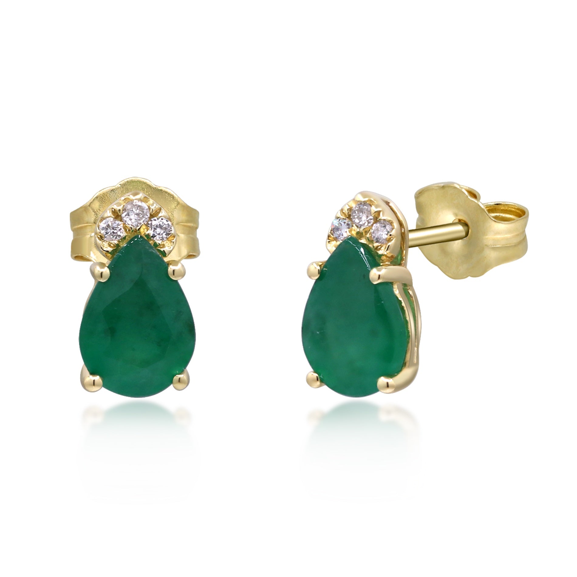 10K Yellow Gold Pear Shaped Emerald and Diamond Stud Earrings