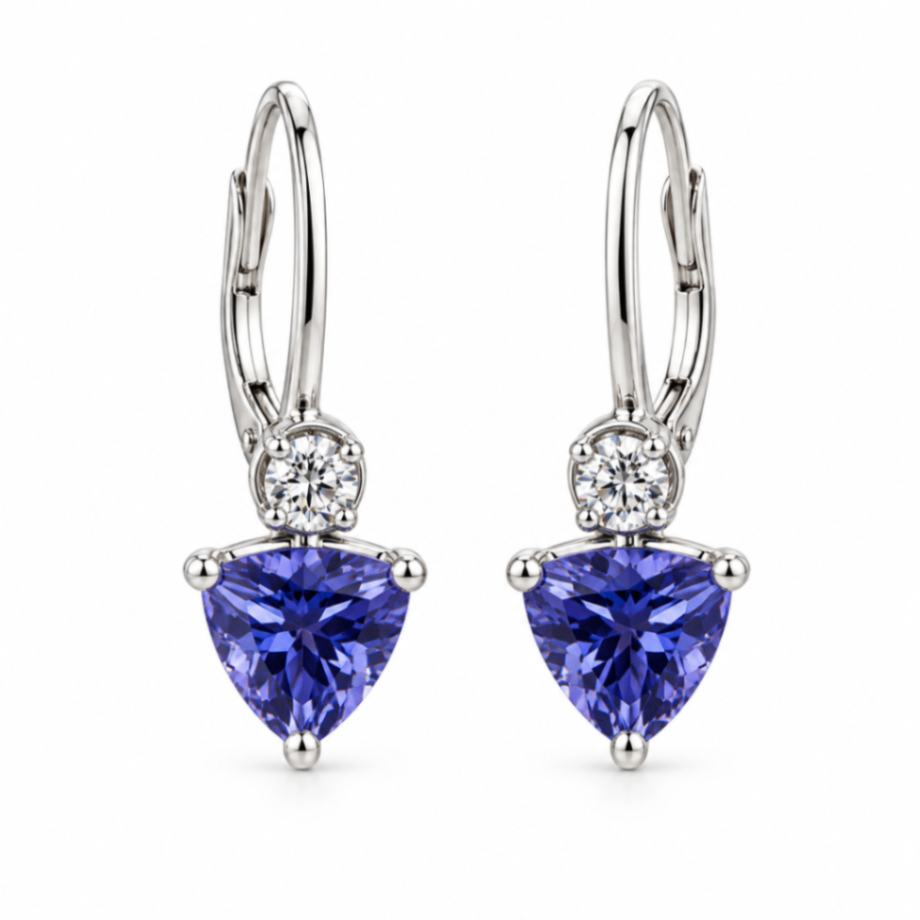 18K White Gold Triangular Tanzanite Drop Earrings with Diamond Accents