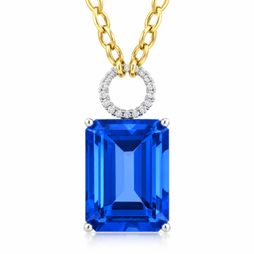 14K Yellow Gold Oct. Blue Topaz with Diamond Accent Necklace