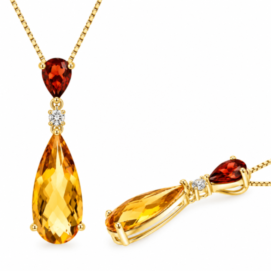 14K Yellow Gold Citrine and Garnet Pendant With a Diamond Accent