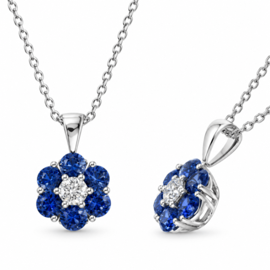 14K White Gold Sapphire and Diamond Floral Pendant