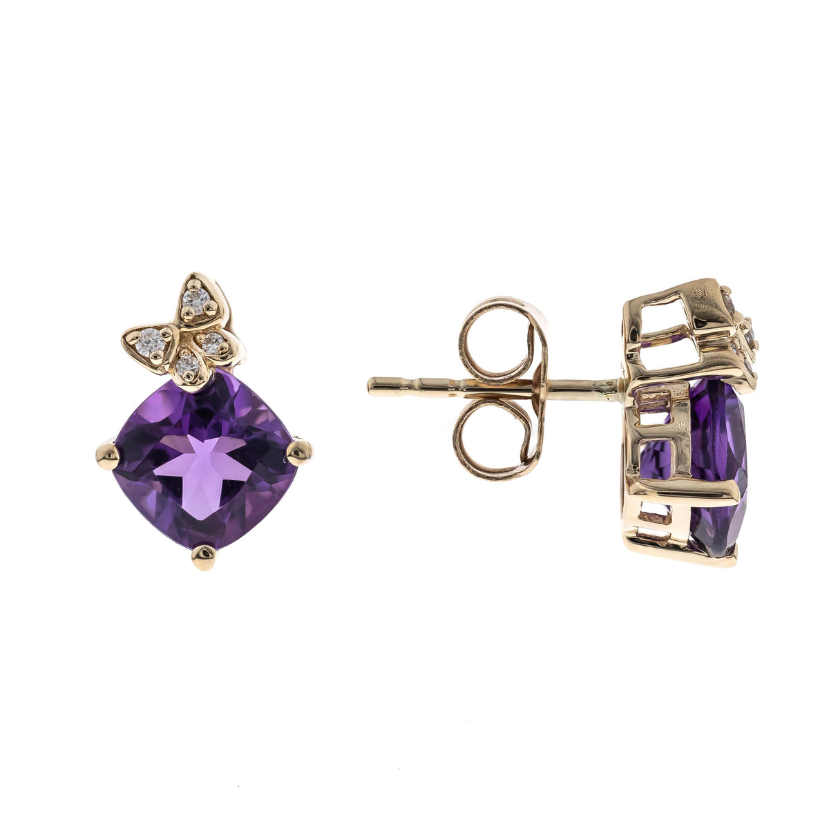 10K Yellow Gold Amethyst Earrings with Diamond Butterfly Accent