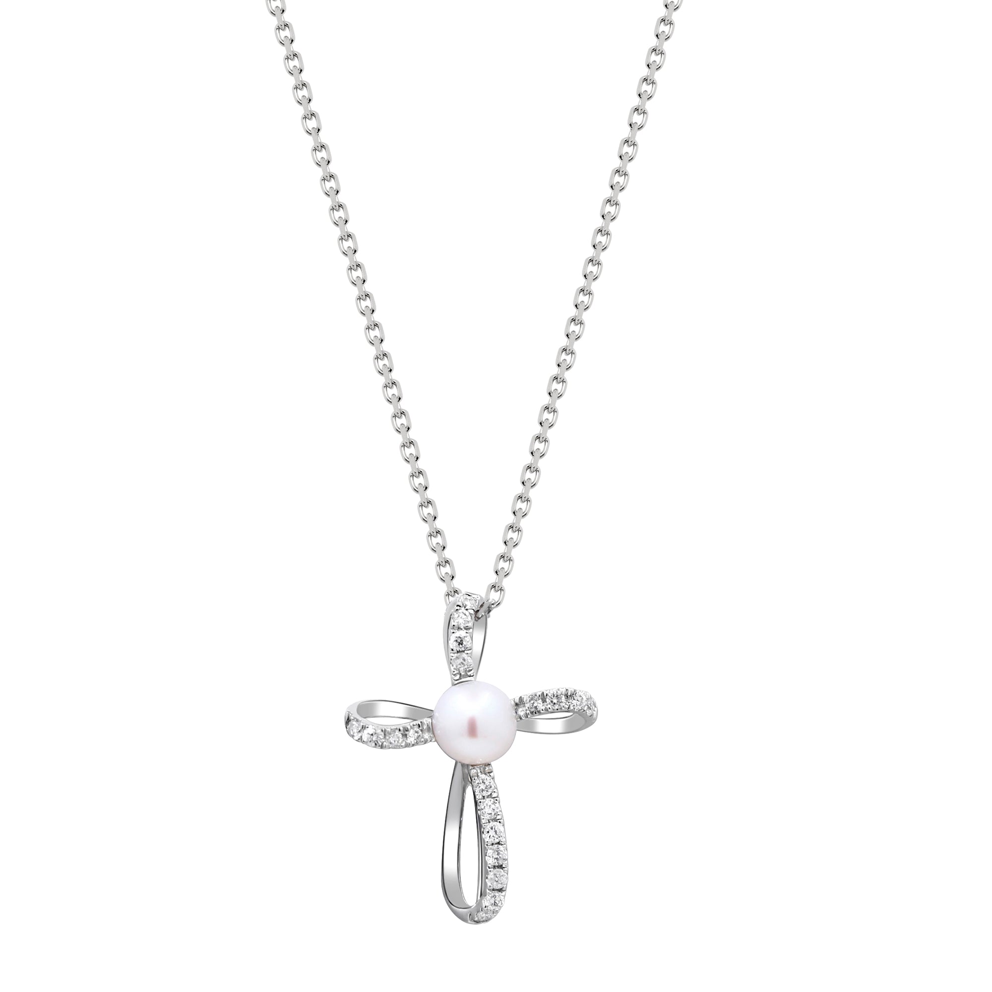 10K White Gold Pearl and Diamond Cross