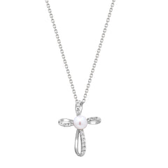 10K White Gold Pearl and Diamond Cross