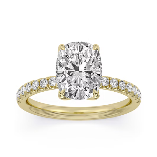 14K Lab Grown 100-Facet Cushion Cut Diamond Engagement Ring With Tulip Prongs and Diamond Accents