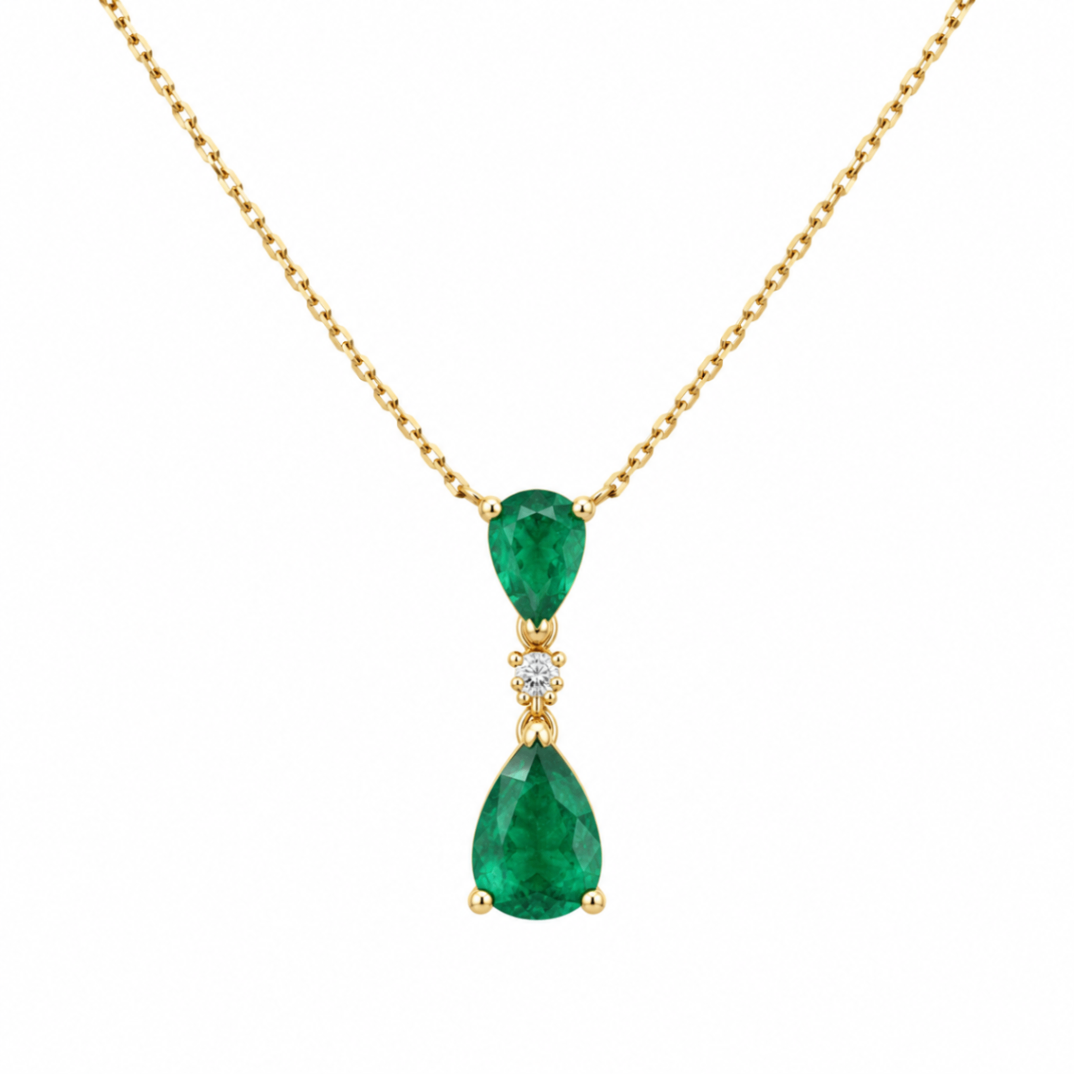 14K Yellow Gold Pear Shaped Emerald and Diamond Pendant