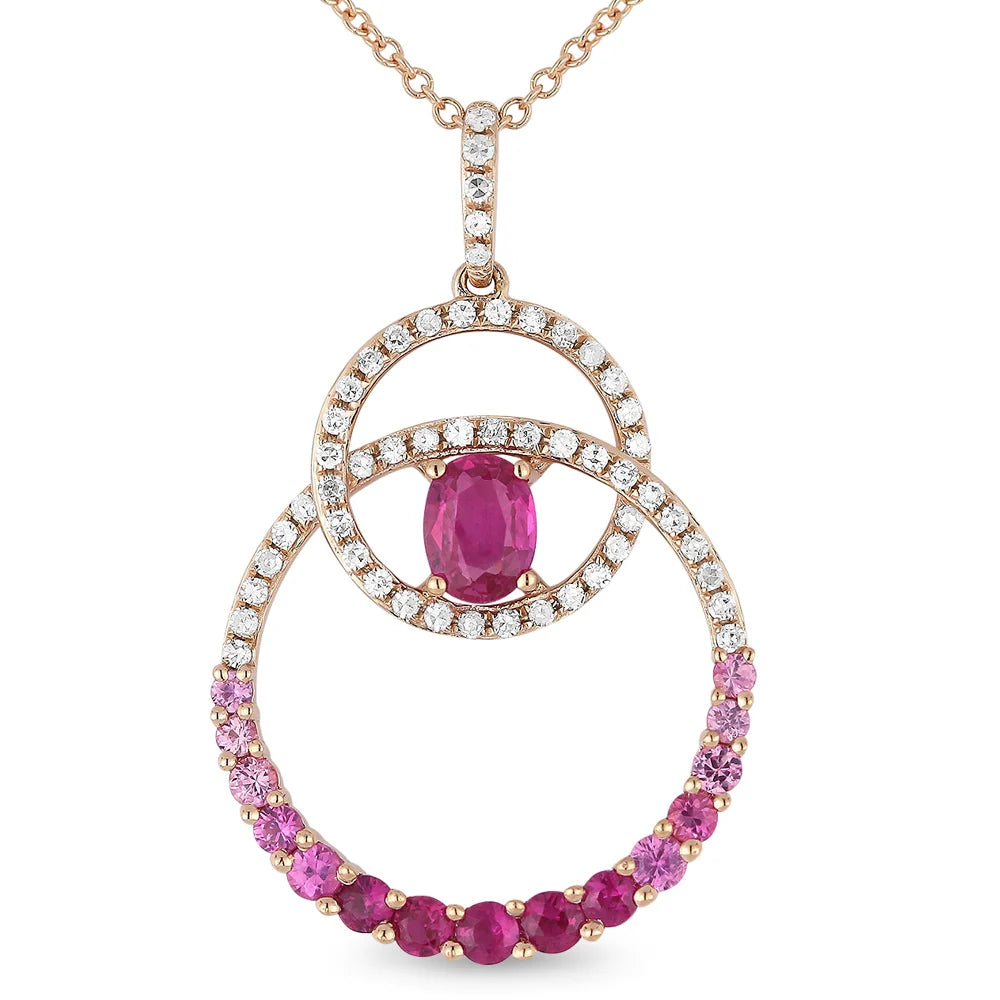 14K RG DBL ROUND PINK SAPPHIRE NECKLACE