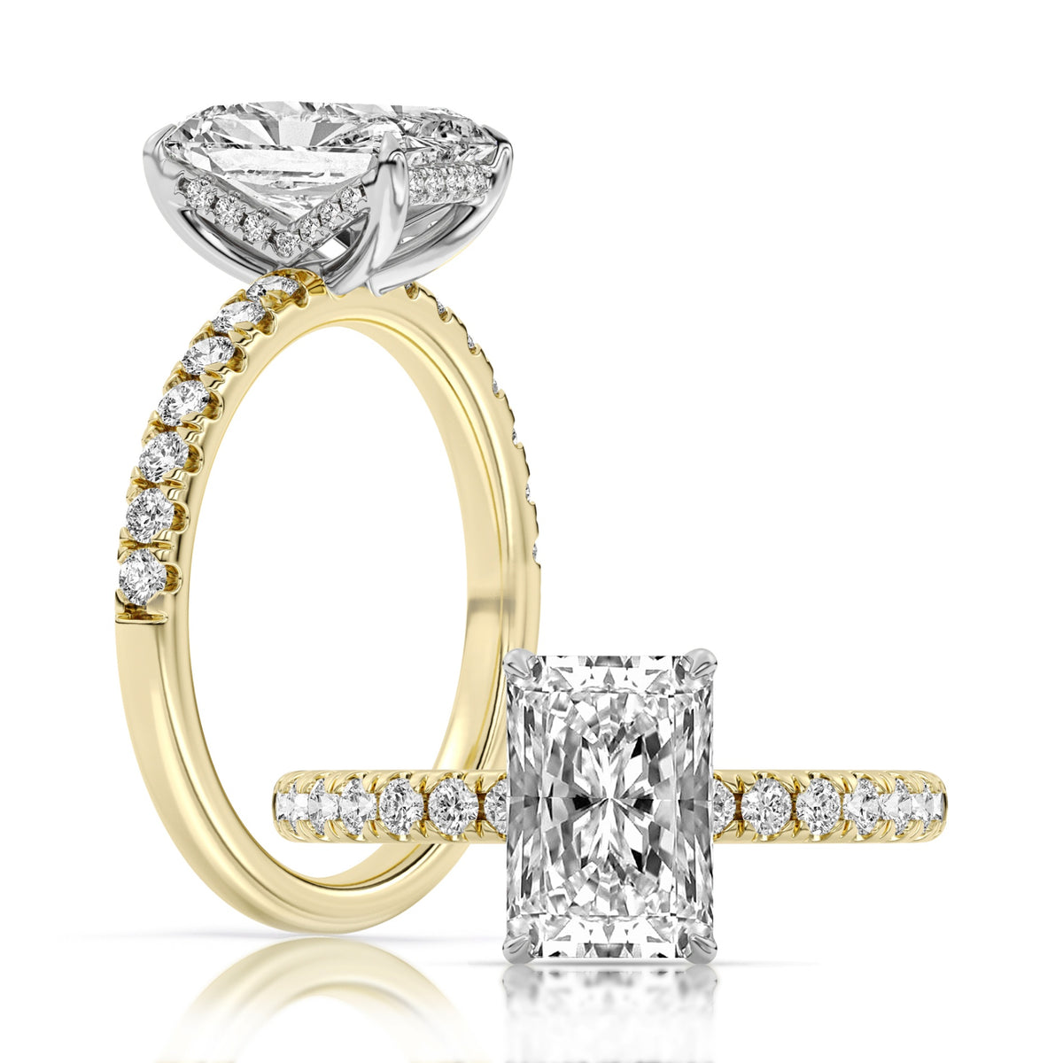 14K White and Yellow Gold Lab Grown 100-Facet Radiant Diamond Engagement Ring with Diamond Accents and Hidden Halo