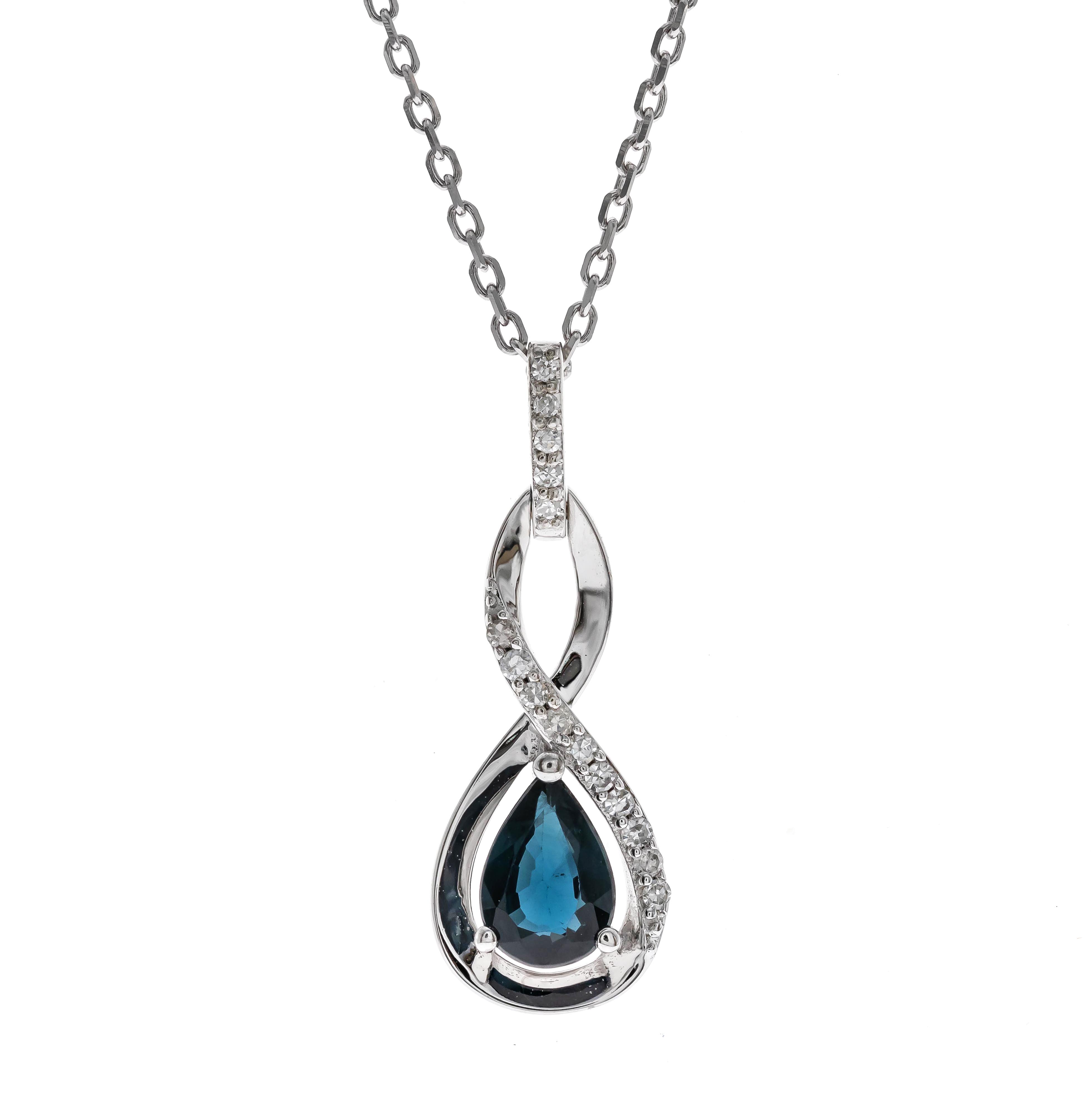 10K White Gold Pear Shaped Sapphire and Diamond Pendant