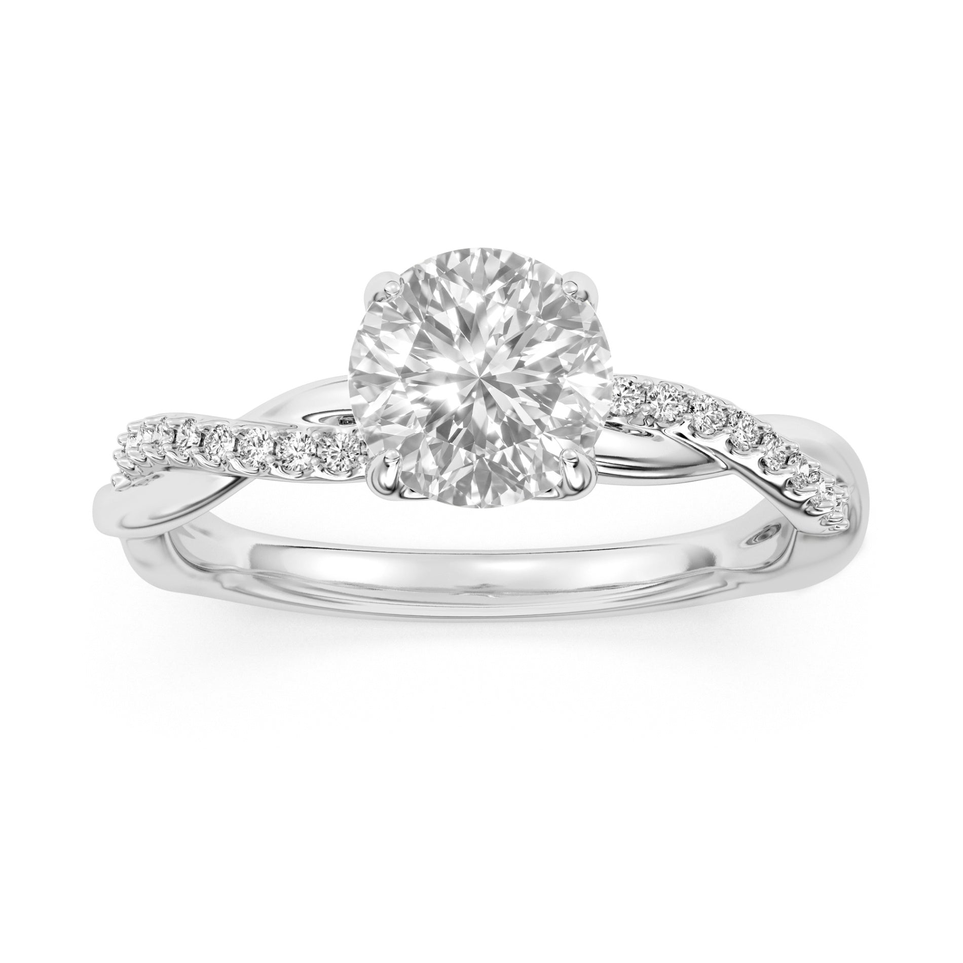 100-Facet Round Lab Grown 1.51ct Lab Grown Diamond Engagement Ring in White Gold  featuring a Diamond Accent Twist Band