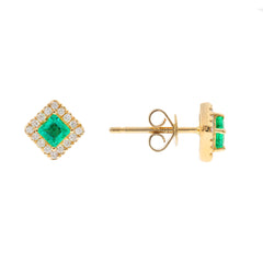 10K Yellow Gold Emerald Stud Earrings With Diamond Halo
