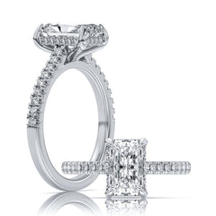 14K White Gold Radiant Diamond Engagement Ring with Hidden Halo and Diamond Accents