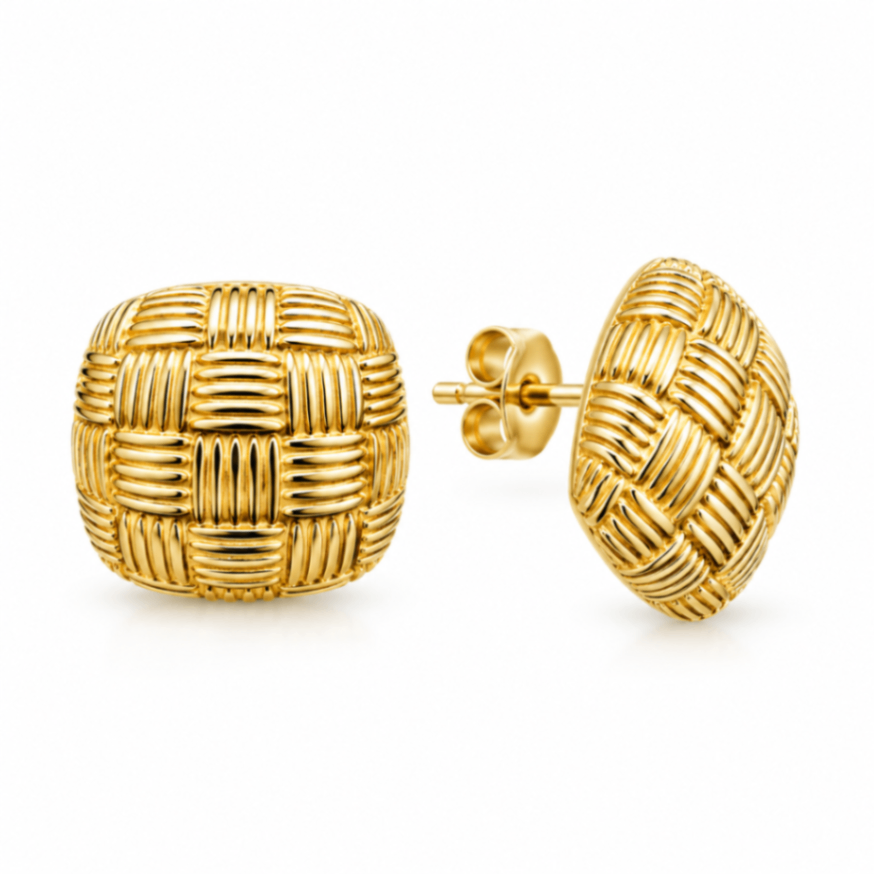 14K Yellow Gold Cushion Basketweave Stud Earrings