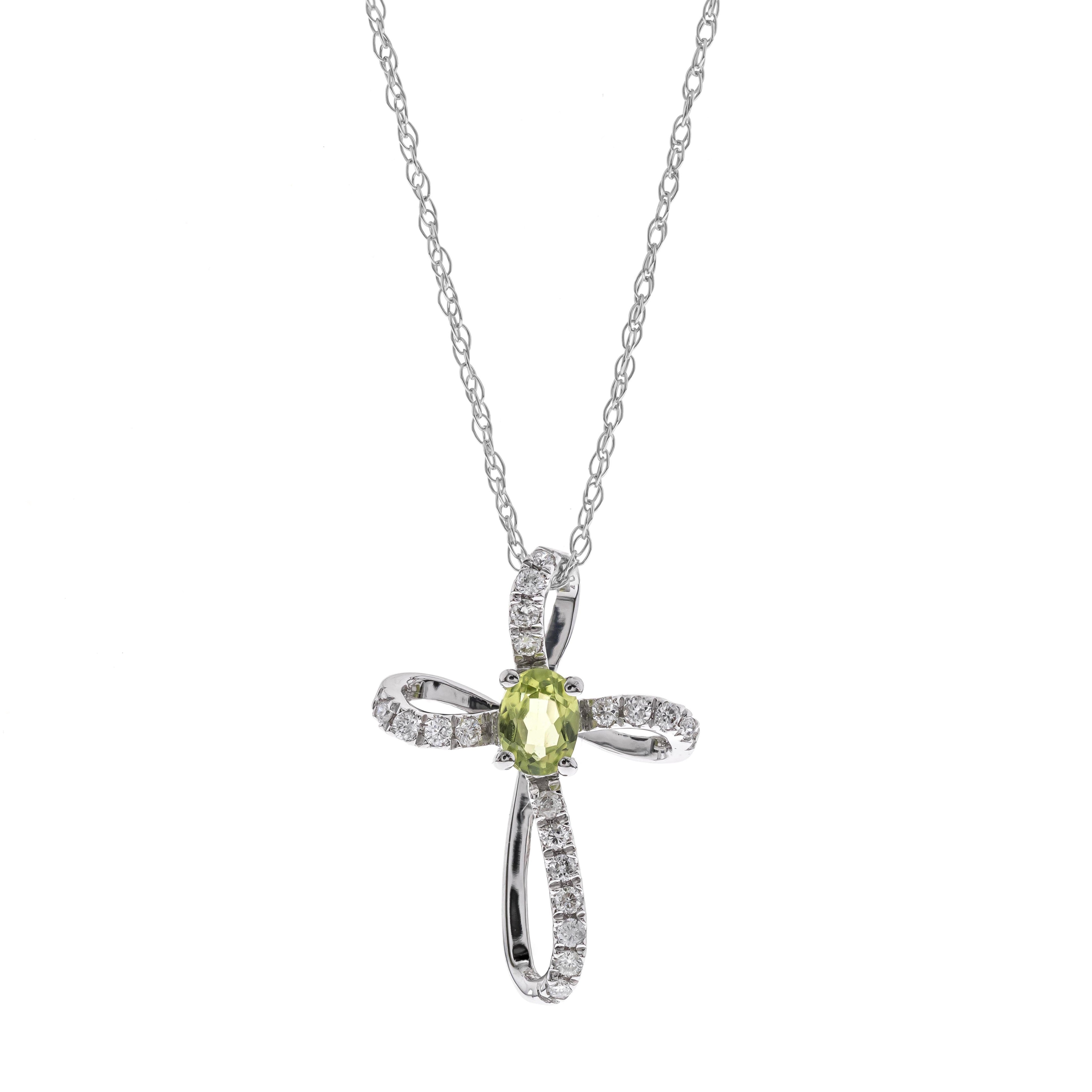 10K White Gold Peridot and Diamond Cross Pendant