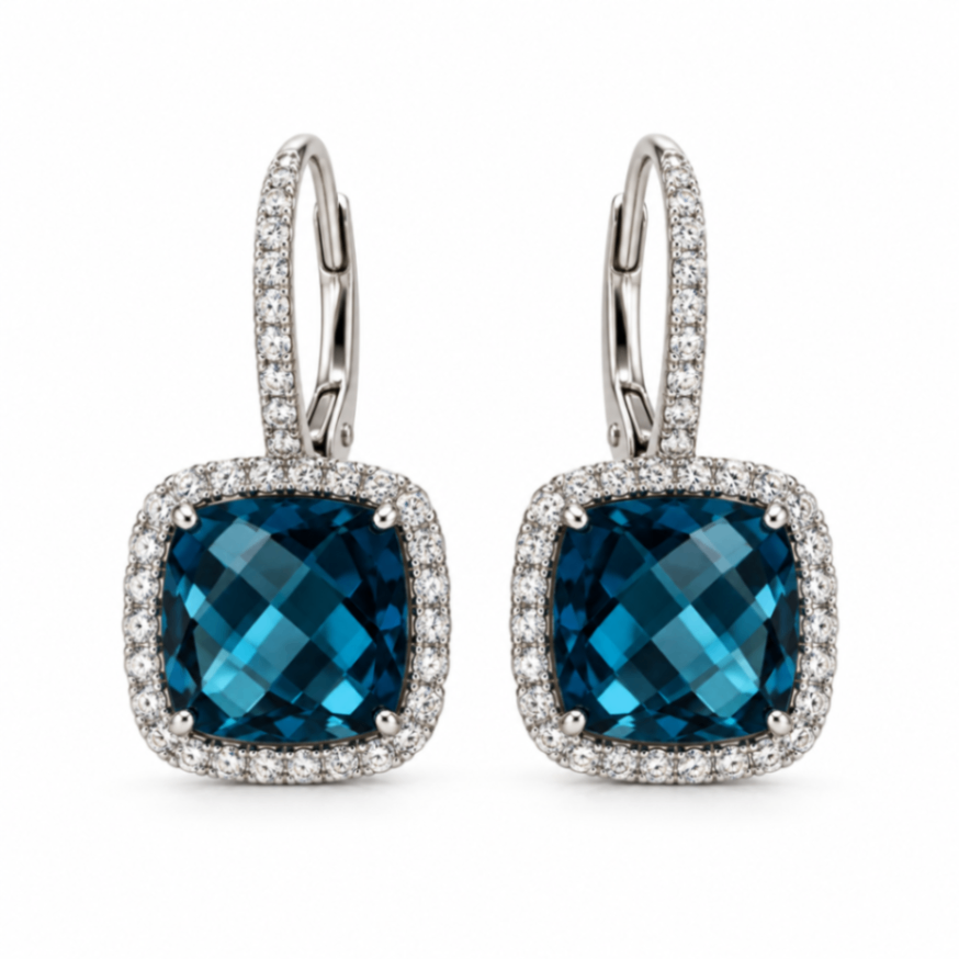 14K White Gold London Blue Topaz and Diamond Leverback Earrings