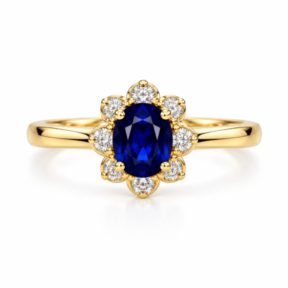 14K Yellow Gold Sapphire Ring with Diamond Halo
