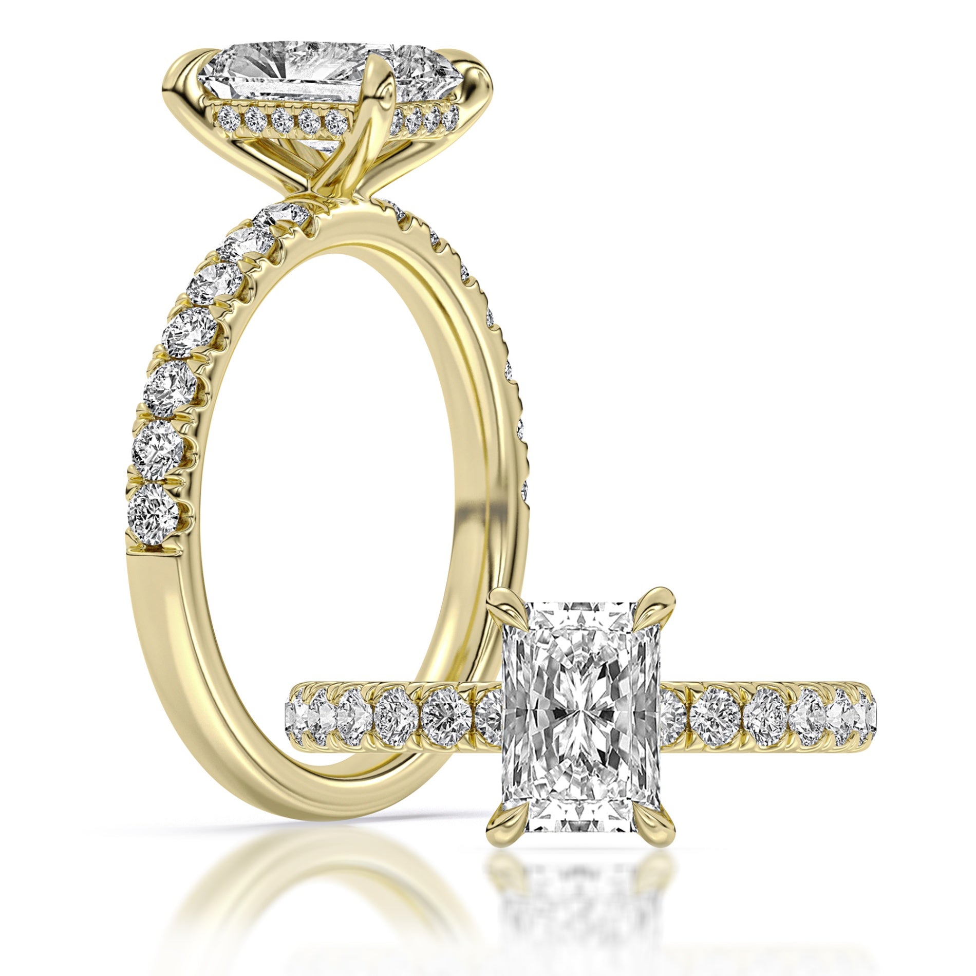 14K Yellow Gold 100-Facet Radiant Diamond Engagement Ring with Hidden Halo and Diamond Accents
