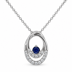 14K White Gold Blue Sapphire & Diamond Oval Pendant Necklace