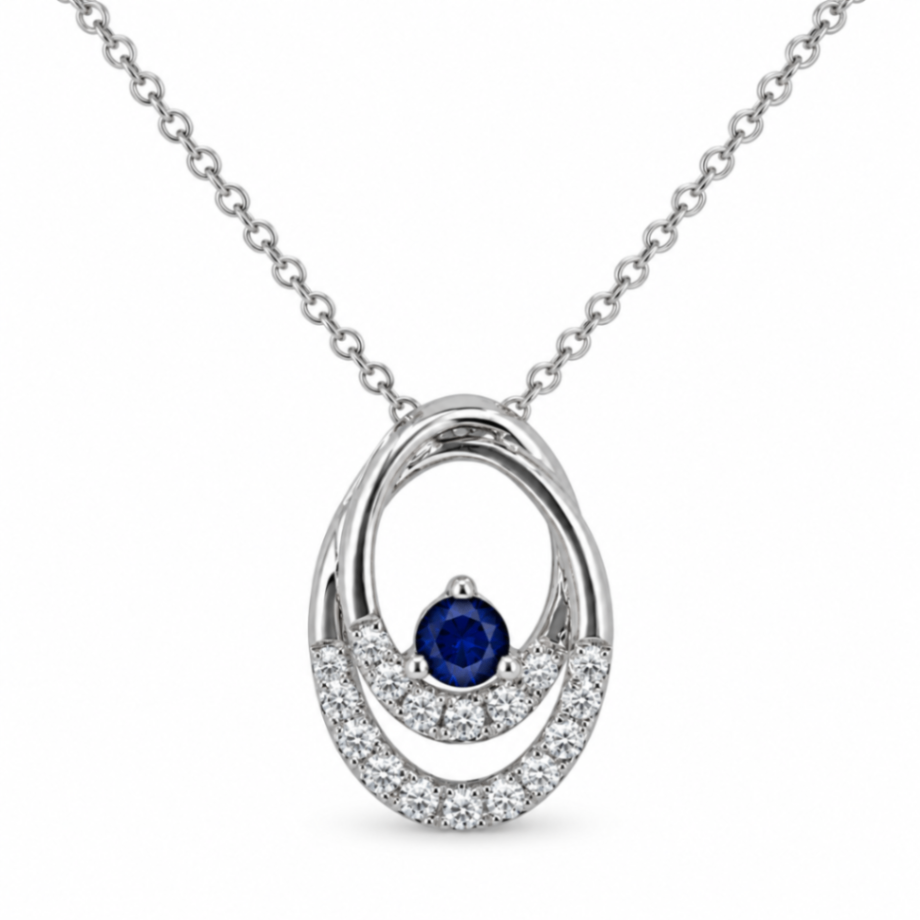 14K White Gold Blue Sapphire & Diamond Oval Pendant Necklace
